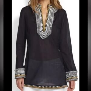 Tory Burch Navy Embroidered Fringe Detail 100% Cotton Tunic Size 8